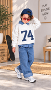 74 Baskılı 3'lü Gömlekli Takım - Sweatshirt , Çizgili Gömlek ve Jean Pantolon