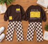 Kahverengi Baskılı Sweatshirt Ekru Kahverengi Kareli Bol Paça Pantolon 2'li Takım