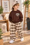 Kahverengi Sweatshirt ve Desenli Bol Paça Pantolon 2'li Takım