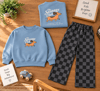 Mavi Sweatshirt Gri Siyah Kareli Bol Paça Pantolon 2'li Takım
