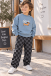 Mavi Sweatshirt Gri Siyah Kareli Bol Paça Pantolon 2'li Takım