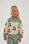 Neo Kids Kız Çocuk Triko Takım – Kiraz Desenli Mint Yeşili ve Krem Oversize Kazak & Pantolon