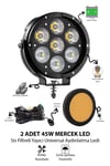 2 Adet 45W 7 Mercekli Sis Filtreli Yayıcı Motosiklet Off Road Aydınlatma Ledi Beyaz LED Sarı Çakar Modlu 12V-24V Kablo Setli Demir Döküm Siyah Renk
