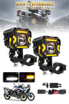 2 Adet Angel Çizgili Mercekli Motosiklet Sis Lambası Sis Filtreli Beyaz LED Sarı Çakar Modlu 12V-24V Çakar Modüllü Kablo Setli Siyah Renk