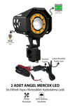 2 Adet Angel Halkalı Mercekli Motosiklet Sis Lambası Sis Filtreli Beyaz LED Sarı Çakar Modlu 12V-24V Çakar Modüllü Kablo Setli Siyah Renk