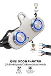 Işıklı Gidon Anahtarı Çift Fonksiyonlu Mavi LED Çift Power Tuşlu Motosiklet Sis Farı Off Road Led Kontrol Switchi Montaj Kulaklı Kablolu Demir Döküm Krom Renk