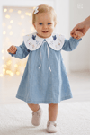 Denim Uzun Kollu Bebe Yaka Kelebek Nakışlı Kloş Elbise - Mavi