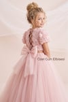 Kız Çocuk Güllü Tüllü Prenses Elbise Sırt Detay Fiyonklu Doğum Günü Parti Mezuniyet Elbisesi 6-10Yaş