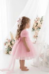 Melisya 3D Güllü Uzun Fiyonklu Elbise - Pembe