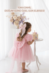 Melisya 3D Güllü Uzun Fiyonklu Elbise - Pembe
