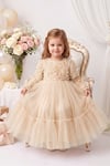 Pearly Long Rose Uzun Kollu Prenses Elbise - Ekru