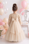Pearly Long Rose Uzun Kollu Prenses Elbise - Ekru