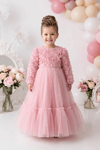 Pearly Long Rose Uzun Kollu Prenses Elbise - Pudra