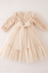 Pearly Long Rose Uzun Kollu Prenses Elbise - Ekru