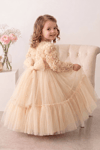Pearly Long Rose Uzun Kollu Prenses Elbise - Ekru