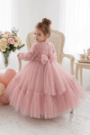 Pearly Long Rose Uzun Kollu Prenses Elbise - Pudra