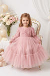 Pearly Long Rose Uzun Kollu Prenses Elbise - Pudra