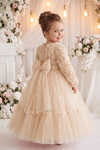 Pearly Long Rose Uzun Kollu Prenses Elbise - Ekru
