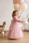 Pearly Long Rose Uzun Kollu Prenses Elbise - Pudra