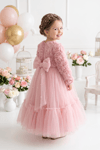 Pearly Long Rose Uzun Kollu Prenses Elbise - Pudra