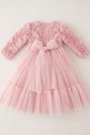 Pearly Long Rose Uzun Kollu Prenses Elbise - Pudra