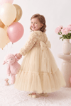 Pearly Long Rose Uzun Kollu Prenses Elbise - Ekru