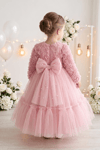 Pearly Long Rose Uzun Kollu Prenses Elbise - Pudra