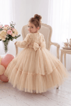 Pearly Long Rose Uzun Kollu Prenses Elbise - Ekru