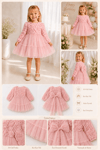 Pearly Rose İnci Fiyonklu 3D Gül Aplikeli Uzun Kollu Prenses Elbisesi - Pembe