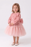 Pearly Rose İnci Fiyonklu 3D Gül Aplikeli Uzun Kollu Prenses Elbisesi - Pembe