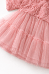 Pearly Rose İnci Fiyonklu 3D Gül Aplikeli Uzun Kollu Prenses Elbisesi - Pembe