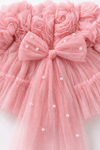Pearly Rose İnci Fiyonklu 3D Gül Aplikeli Uzun Kollu Prenses Elbisesi - Pembe