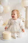 Pure Pearl Bebe Yaka 3D Kabartmalı İncili %100 Pamuk Prenses Elbise - Beyaz