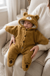 Teddy Bear Kapüşonlu Ayıcık Peluş Yıldız Tulum - Kahverengi