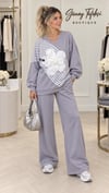 Çiçek ve Baskı Detaylı Modal Büyük Beden Takım Gri