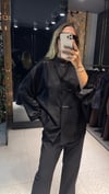 Koton ve Saten Kombinli Hakim Yaka Büyük Beden  Gömlek Siyah