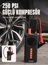 Dijital Araç Kompresörü 4 Fonksiyonlu Akü Takviye Lastik Şişirme Powerbank ve LED El Feneri