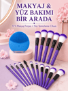 Makyaj ve Yüz Bakım Seti 12’li Mor Makyaj Fırçası Silikon Yüz Temizleme ve Cilt Bakım Cihazı