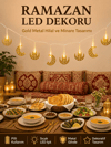 Minareli Hilal LED Işık Gold Metal Gövdeli Pilli Ramazan Dekoru