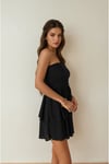 KADIN DOKULU KUMAŞ ETEĞİ ÇİFT KAT DRAPE DETAYLI STRAPLEZ ELBİSE