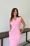 KADIN KOLSUZ V YAKA CEPLİ YIRTMAÇLI SOFT ÖRME KUMAŞ RAHAT ELBİSE