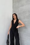 KADIN KRUVAZE YAKA CEPLİ VE KUŞAKLI KOLSUZ ÇİZGİLİ TULUM