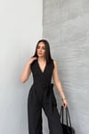 KADIN KRUVAZE YAKA CEPLİ VE KUŞAKLI KOLSUZ ÇİZGİLİ TULUM