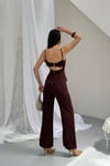 KADIN SIRT DETAYLI DANTEL GARNİLİ ATLAS KUMAŞ BLUZ PANTOLON TASARIM İKİLİ TAKIM