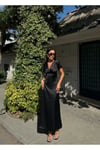 KADIN V YAKA PİLELİ SATEN MİDİ ELBİSE