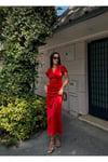 KADIN V YAKA PİLELİ SATEN MİDİ ELBİSE