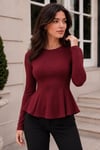 KADIN YUVARLAK YAKA ESNEK ÖRME KUMAŞ PEPLUM BLUZ