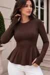 KADIN YUVARLAK YAKA ESNEK ÖRME KUMAŞ PEPLUM BLUZ