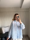İnce Çizgili Düğmeli Oversize Gömlek 