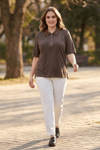 KAHVERENGİ SATEN YAKA FERMUARLI T-SHIRT